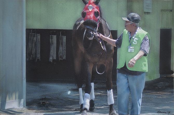 Hyperrealism horse painting Opening Day at Belmont Racetrack by Denis Peterson