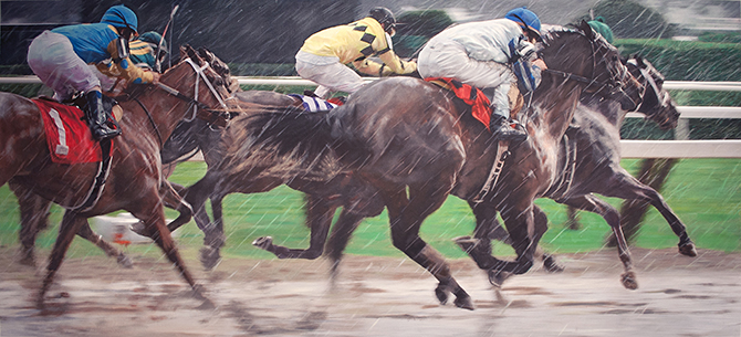 Hyperrealism horserace painting Death Seat at Saratoga Racetrack by Denis Peterson