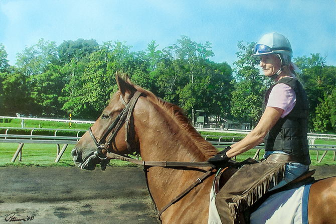 Hyperrealism painting Off The Track Saratoga Racetrack horse by Denis Peterson